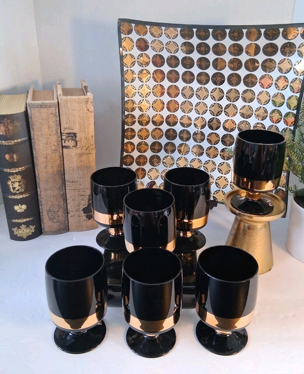 Vtg "Flair" Gothic Look Black & Gold Cordial/Wine Goblets; Set of 7 MCM
